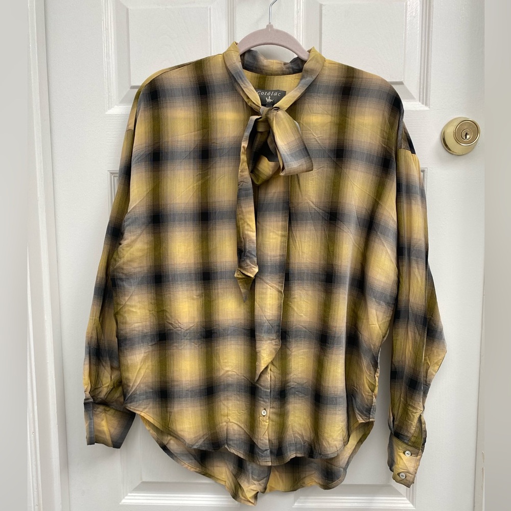 Cotélac Tie-Neck Plaid Blouse in Yellow and Black (Size 3 / Large)